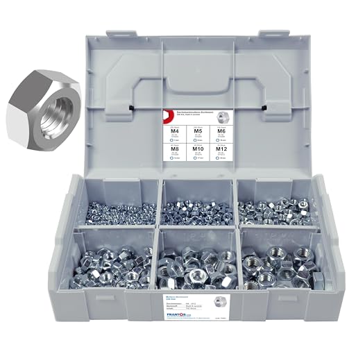 FRANTOS L-BOXX Mini DIN 934 Sechskantmuttern Sortiment, M4 bis M12 740 tlg. (Stahl verzinkt) - Sechskant Muttern Schraubenmuttern Set von FRANTOS