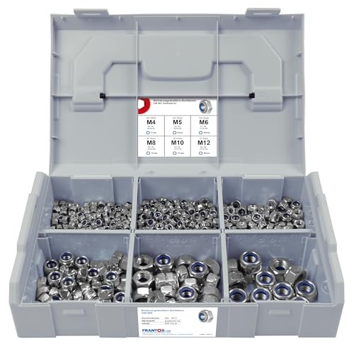 FRANTOS L-BOXX Mini DIN 985 Sicherungsmuttern Sortiment, M4 bis M12 605 tlg. (Edelstahl A2) - selbstsicherende Sechskant Muttern Stoppmuttern Set von FRANTOS