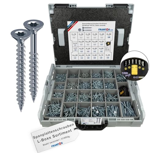 FRANTOS Spanplattenschrauben Sortiment in L-Boxx - Stahl verzinkt I 3.151 tlg. + TX Bit-Sortiment Felo I Holzschrauben Schrauben Torx Schraubensortiment Set von FRANTOS