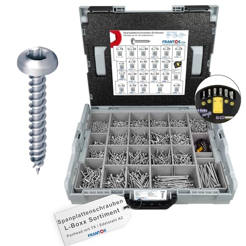 FRANTOS Spanplattenschrauben Panhead TX Sortiment in L-Boxx - Edelstahl A2 I 2346 tlg. + Torx Bit-Sortiment Felo I Holzschrauben Schraubensortiment Set von FRANTOS