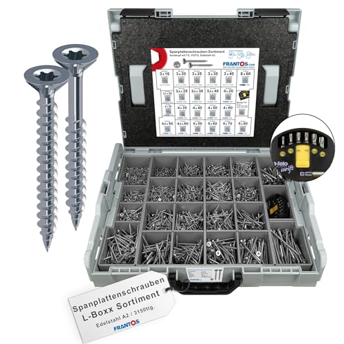 FRANTOS Spanplattenschrauben Sortiment in L-Boxx - Edelstahl A2 I 3.151 tlg. + TX Bit-Sortiment Felo I Holzschrauben Schrauben Torx Schraubensortiment Set von FRANTOS