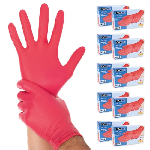 FRANZ MENSCH 1000x Hygostar Einweghandschuhe Safe Light, Einmalhandschuhe Größe S, reißfeste Nitrilhandschuhe, puderfrei, latexfreie Gummihandschuhe, Handschuhe Einweg, Rot in S, M, L, & XL von FRANZ MENSCH