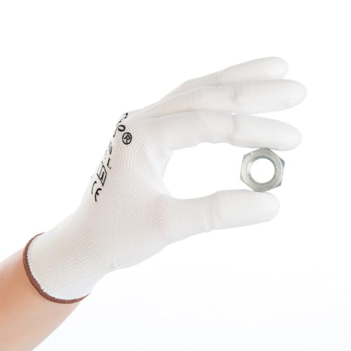 FRANZ MENSCH 12 Stück Hygostar Feinstrickhandschuhe Ultra Flex Finger | PU-Beschichtung, Packung, weiß, 6/XS, L: 22cm, Arbeitshandschuhe, Nylonhandschuhe, Werkstatthandschuhe von FRANZ MENSCH