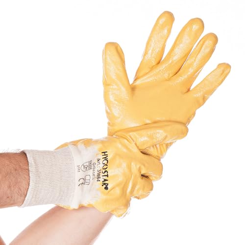 FRANZ MENSCH 144 Stück Hygostar Arbeitshandschuhe Nitril Grip | Nitril-Beschichtung, natur-gelb, 7/S, L: 23cm, Karton, Schutzhandschuhe, Arbeitshandschuhe,Nylonhandschuhe von FRANZ MENSCH