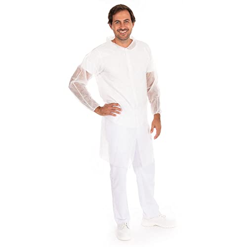 Franz Mensch Hygonorm Besucherkittel Eco mit Druckknöpfen, weiß, Größe XL | PP, 100 Stück, Einwegkittel, Vlieskittel, lebensmittelecht, mit Hemdkragen von FRANZ MENSCH