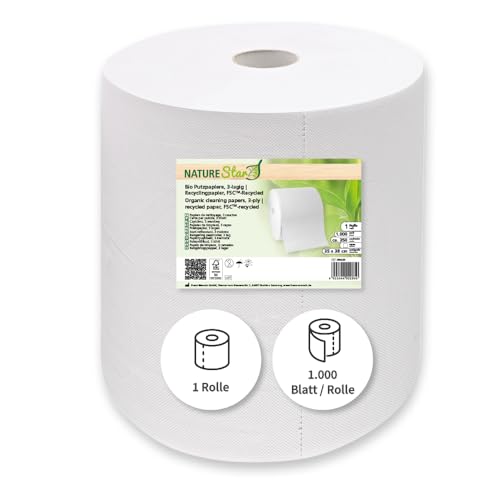 Franz Mensch NATUREStar Bio Putzpapiere, 3-lagig, weiß | Recyclingpapier, FSC®-Recycled, 1 Rolle mit 1000 Blatt, Laufmeter 350 m, Reinigungstücher, Wischtücher von FRANZ MENSCH
