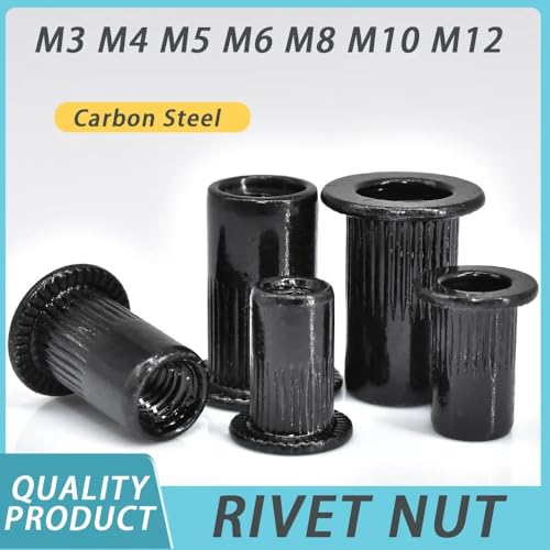 FRAOMHFW 5–50 Stück Flachnietmuttern M3 M4 M5 M6 M8 M10 M12 Schwarzer Kohlenstoffstahl Flachkopf Gewindenieteinsatz Nutsert Cap Nieten Muttern(M6 30pcs) von FRAOMHFW