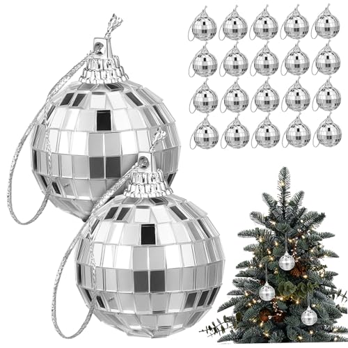 FRCOLOR 24 Stück Kleine Silberne Disco Kugeln Spiegelkugeln zum Aufhängen Leichte Xmas Deko für Wand Decke Party Hochzeit Weihnachtsbaum von FRCOLOR