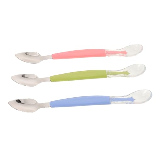 FRCOLOR 3 Stück Teiliges Edelstahl und Weichem Doppelseitiger Fütterlöffel mit Sanfter Spitze für Behutsames Zufüttern Farblich Sortiert Blau Grün von FRCOLOR
