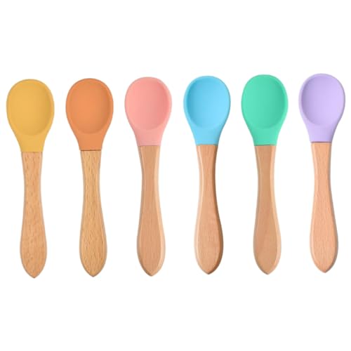 FRCOLOR 6 Stück Teiliges Ergonomischem Holzgriff Hitze Kältebeständig Verschleißfest Multipurpose Suppenlöffel für Babynahrung Selbstständiges Essen als zur Geburt von FRCOLOR