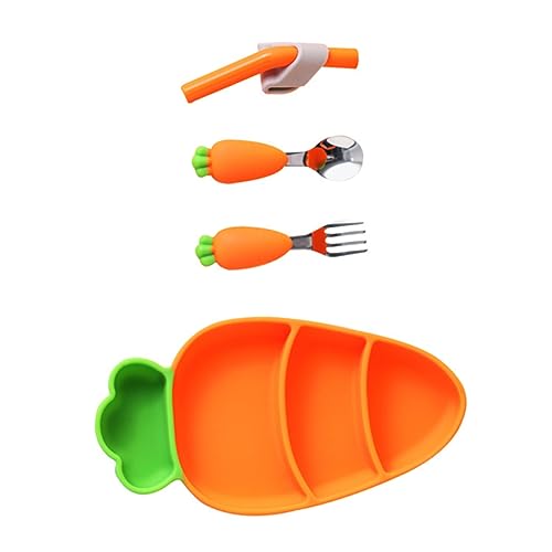 FRCOLOR Karotten Geschirrset Teilig Ergonomisches Besteck für Junge Mädchen mit Teller und Trinkhalm Lustiges Design Spülmaschinenfest und Hochtemperaturbeständig von FRCOLOR