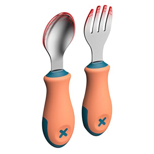 FRCOLOR Kinderbesteck Teilig Edelstahl Löffel Gabel mit Freiem Silikongriff Rutschfestes Babybesteck für Kleinkinder Jungen Mädchen Langlebig Leicht zu Reinigen für Training von FRCOLOR