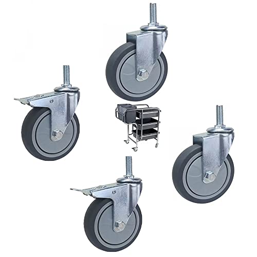 FREAZE M12 Universalräder für Servierwagen, 75 mm Lenkrollen mit Gewindevorbau, Gummirollen, beweglich, geräuschlos für Barwagen (Farbe: 2 schwenkbar + 2 mit Bremse, Größe: 100 mm) von FREAZE