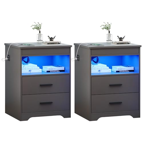 FREDEES LED Nachtisch 2er Set mit Verstecktem Schublade, Nachttisch mit Ladestation und 3 Farben Menschensensorlichter, Moderner Nachttisch mit Stauraum, Grau FREDEES LED Nachtisch 2er Set mit Verstecktem Schublade, Nachttisch mit Ladestation und 3 Farben Menschensensorlichter, Moderner Nachttisch mit Stauraum, Grau von FREDEES