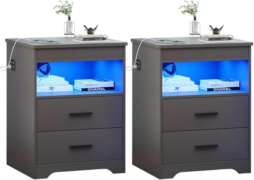 FREDEES LED Nachttisch 2er Set mit Verstecktem Schublade, Nachttisch mit Ladestation und 3 Farben Menschensensorlichter, Moderner Nachttische mit Stauraum Grau von FREDEES