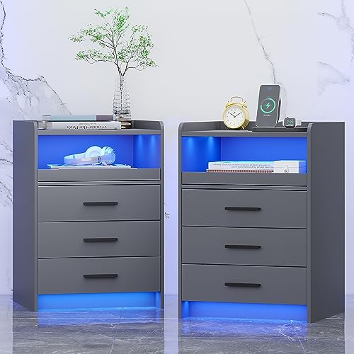 FREDEES Nachttisch 2er Set mit Ladefunktion, LED Nachttisch mit RGB-Licht und menschlichem Sensor-Design, Bedside Table mit 3 Schubladen für Schlafzimmer Wohnzimmer Büro, Grau FREDEES Nachttisch 2er Set mit Ladefunktion, LED Nachttisch mit RGB-Licht und menschlichem Sensor-Design, Bedside Table mit 3 Schubladen für Schlafzimmer Wohnzimmer Büro, Grau von FREDEES