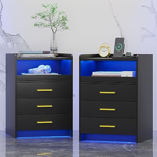FREDEES Nachttisch 2er Set mit Ladefunktion, LED Nachttisch mit RGB-Licht und menschlichem Sensor-Design, Bedside Table mit 3 Schubladen für Schlafzimmer Wohnzimmer Büro, Schwarz FREDEES Nachttisch 2er Set mit Ladefunktion, LED Nachttisch mit RGB-Licht und menschlichem Sensor-Design, Bedside Table mit 3 Schubladen für Schlafzimmer Wohnzimmer Büro, Schwarz von FREDEES