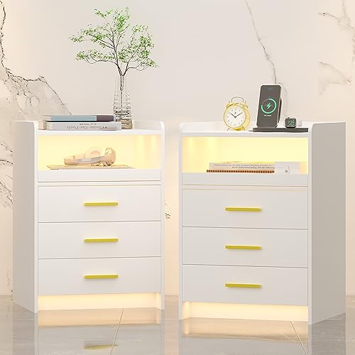 FREDEES Nachttisch 2er Set mit Ladefunktion, LED Nachttisch mit RGB-Licht und menschlichem Sensor-Design, Bedside Table mit 3 Schubladen für Schlafzimmer Wohnzimmer Büro, Weiß FREDEES Nachttisch 2er Set mit Ladefunktion, LED Nachttisch mit RGB-Licht und menschlichem Sensor-Design, Bedside Table mit 3 Schubladen für Schlafzimmer Wohnzimmer Büro, Weiß von FREDEES
