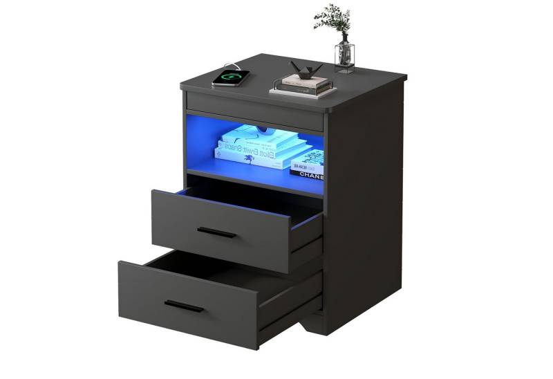 FREDEES Nachttisch Intelligenter LED-Nachttisch mit versteckter Schublade,45x40x58cm (1-St), Ladestation und 3-Farben-Sensorlichtern von FREDEES