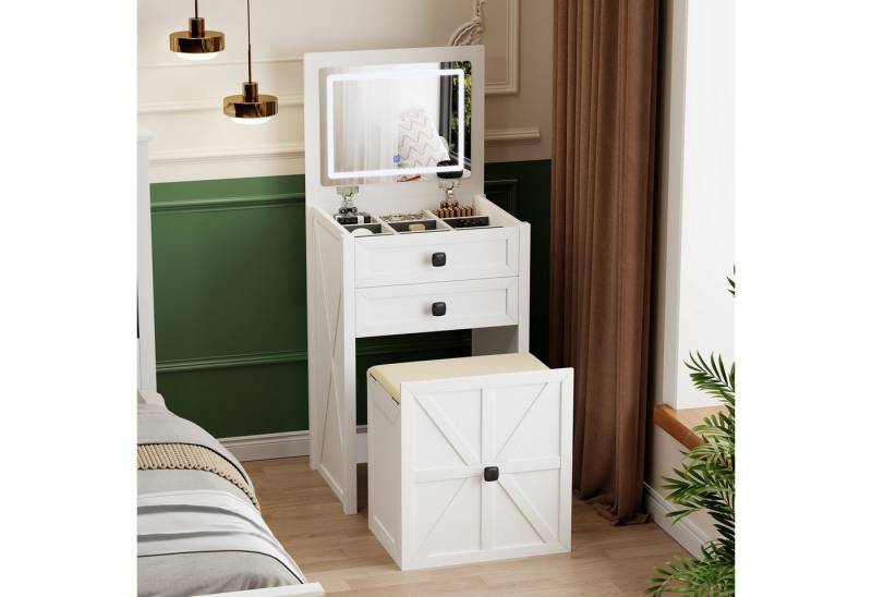FREDEES Schminktisch Kleine Schminkkommode mit hochklappbarem Spiegel und LED Beleuchtung (1 Tisch und 1 Hocker), mit gepolstertem Hocker und 2 Schubladen, 41×40×118.5cm, weiß von FREDEES