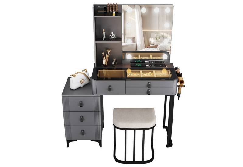 FREDEES Schminktisch mit Beleuchtung und Spiegel, großer Tisch mit Stuhl, 6 Schubladen (mit Stuhl), Verstellbare 3-Farben-LED-Beleuchtung,Ladestation,Glasplatte von FREDEES