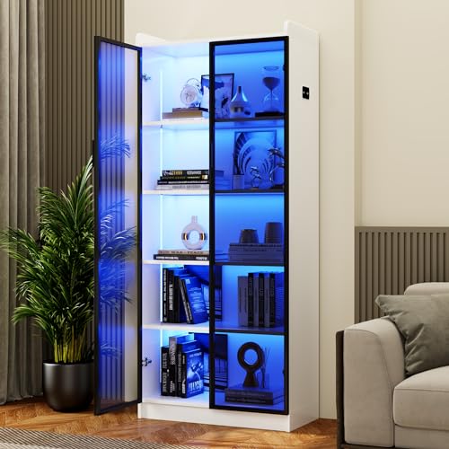 FREDEES Standvitrine mit Türen & Verstellbaren Einlegeböden, 165cm hoher Weißer Vitrine LED-Leuchten/Personensensor, 5-Stöckiges Bücherregal Sammlervitrine mit Metallgriff FREDEES Standvitrine mit Türen & Verstellbaren Einlegeböden, 165cm hoher Weißer Vitrine LED-Leuchten/Personensensor, 5-Stöckiges Bücherregal Sammlervitrine mit Metallgriff von FREDEES