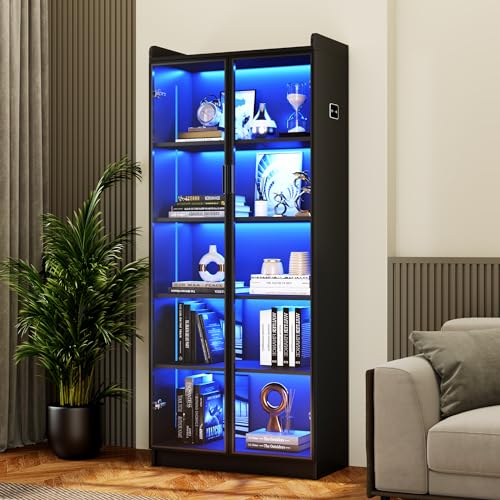FREDEES Vitrine mit Verstellbaren Einlegeböden, 165cm Hohe Bücherregal Standvitrine mit LED-Leuchten/Personensensor, 5-stöckige Sammlervitrine Schwarz,Transparente Acryltüren von FREDEES