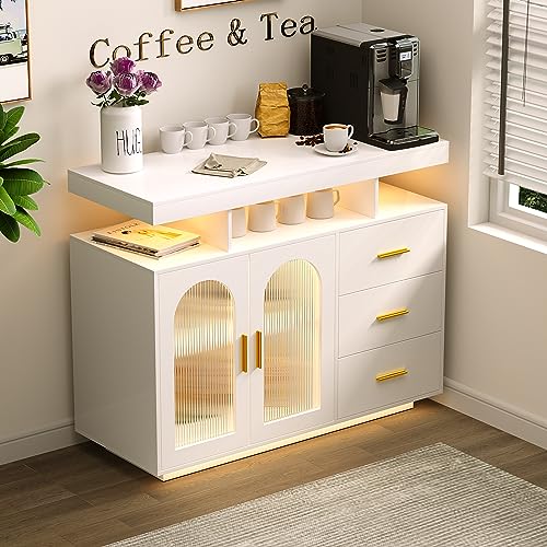 FREDEES küchenschrank Sideboard mit 3 Schubladen, Buffetschrank mit Auto-Sensor 20 Farbe Lichter Konsolentisch mit Ladestation, Touch Control Konsole Kaffee-Bar-Tisch für Küche, Esszimmer (weiß) von FREDEES