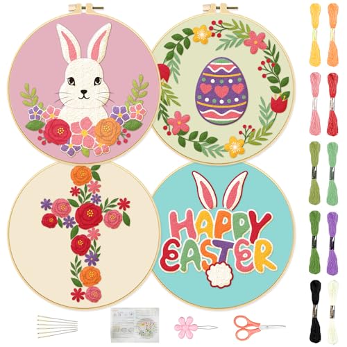 FFREEBLOSS 4 Set Sticken Set Erwachsene Stickereiset für Ostern Embroidery Set Stickerei Starter Kit mit Anleitungen Stickbilder Kreuzstich für Geschenk von FREEBLOSS