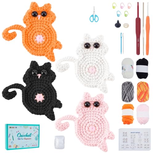 FREEBLOSS 16 Set Häkelset Für Untersetzer Mit Katzenmotiv Häkelset Für Untersetzer Häkelset Für Erwachsene Häkelset Für Tieruntersetzer Für Häkelliebhaber Häkelset Für Anfänger Mit Videoanleitungen von FREEBLOSS