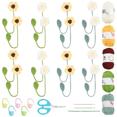 FREEBLOSS 16 Set Häkelset Gänseblümchen Häkeln Lesezeichen Kit Häkelset für Anfänger Häkeln Blume Lesezeichen mit Video Tutorial Häkeln Pflanze Lesezeichen Basteln Einzigartige Lesezeichen von FREEBLOSS