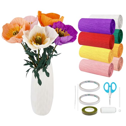 FREEBLOSS 25 Satz Krepppapier-Set Blumen 8 Farben Krepppapier für die Blumenherstellung mit Anleitung Krepppapierrolle für Anfänger Papierblumen-Bausätze für Erwachsene von FREEBLOSS