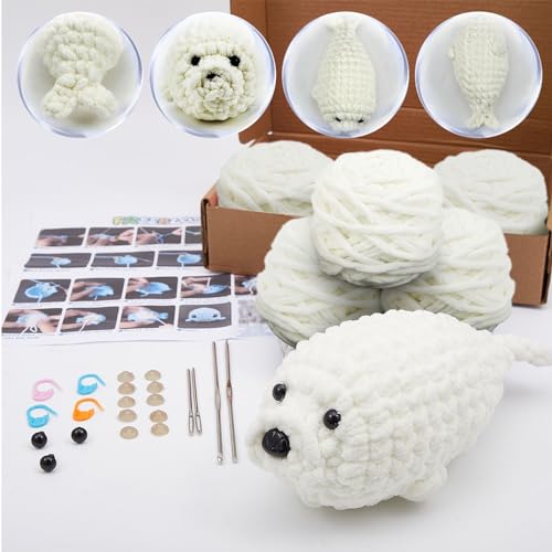 FREEBLOSS 3 Set Häkelset Crochet Set Strickset für Anfänger Mit Video Tutorials Süßes Siegel Handarbeiten für Erwachsene Stricken und häkeln Zubehör Häkelhaken Set für Mutter Gift von FREEBLOSS
