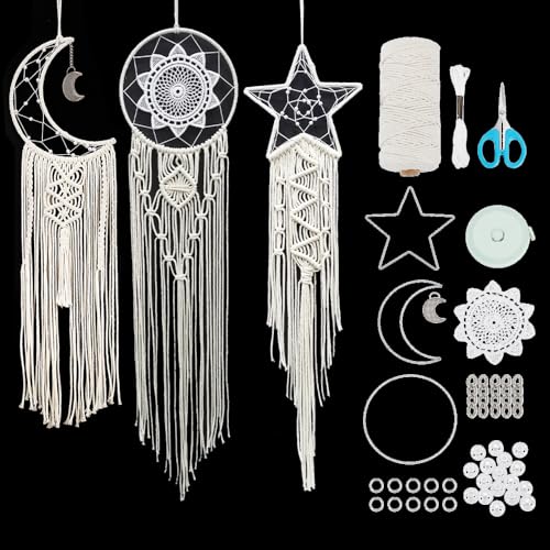 FREEBLOSS 3 Set Mond und Stern Makramee Set Star Mond Traumfänger Makramee Wandbehang DIY Boho Wandkunst Makramee Wanddekoration Für Schlafzimmer Anfänger von FREEBLOSS
