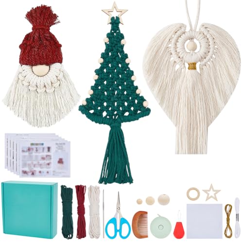 FREEBLOSS 3er-Set DIY Weihnachten Makramee Kit für Anfänger Weihnachten Zwerg Baum Engel hängende Ornamente für Urlaub Wandbehang mit Anleitung (evtl. nicht in deutscher Sprache) von FREEBLOSS