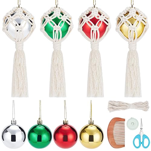 FREEBLOSS 4 Satz Makramee Weihnachtskugel Makramee DIY Kit 4 Unterschiedliche Farben mit Anleitung Weihnachten Handmade Wall Hanging Makramee Kits für Erwachsene Anfänger von FREEBLOSS