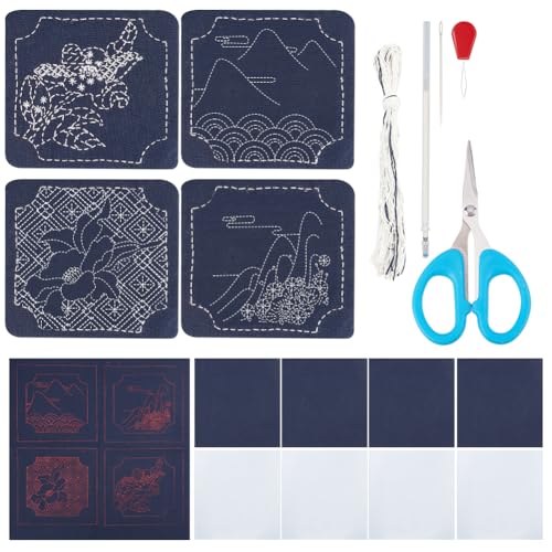 FREEBLOSS 4 Satz Sashiko Untersetzer Set mit Anleitung Sashiko Kit für Anfänger Berg und Blumen Sashiko mit Stickereireifen Untersetzer für Einweihungsgeschenk Quadrat von FREEBLOSS