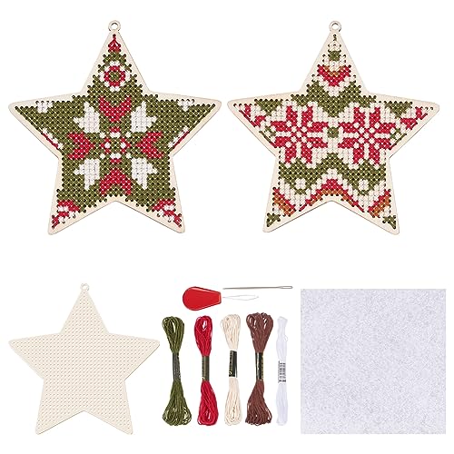 FREEBLOSS 4 Satz Weihnachten Holz Kreuzstich Kits, Kreuzstich Set Vorgedruckt Weihnachts Bastelset Sticken Set Erwachsene Sternform Cross Stitch Set mit Anleitung für Anfänger von FREEBLOSS