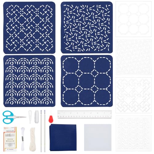 FREEBLOSS 4 Set 12 x 12cm Sashiko Untersetzer Set DIY Sashiko Set Mit Vorlage Sashiko Schablonen Set Geometrische Sashiko Set Für Anfänger von FREEBLOSS