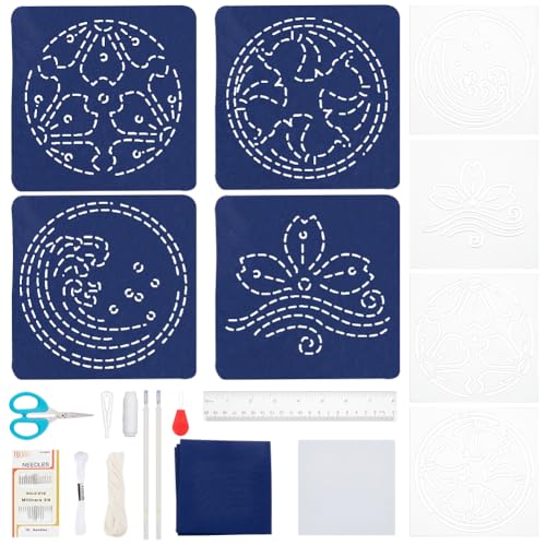 FREEBLOSS 4 Set 12 x 12cm Sashiko Untersetzer Set DIY Sashiko Set Mit Vorlage Sashiko Schablonen Set Kirschblüten Sashiko Set Für Anfänger von FREEBLOSS