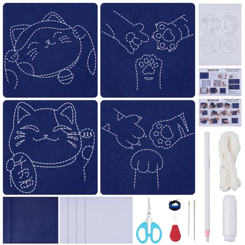 FREEBLOSS 4 Set Glückskatze Sashiko Untersetzer Set Mit Anleitung. Sashiko Set Für Anfänger. Wasserlösliche Stickmuster. Sashiko Übungsprojekt. Stick Untersetzer Set als Einweihungsgeschenk. von FREEBLOSS