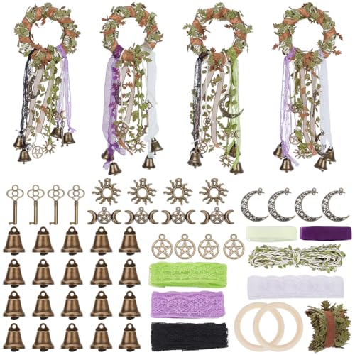 FREEBLOSS 4 Set Hexenglocken DIY Kit Für Türklinke Hexenglocke Hexerei Kit Spitze Und Blätter Hexendekor Positiv Hängend Wicca Windspiele Hexereizubehör Hexenschutzglocken von FREEBLOSS