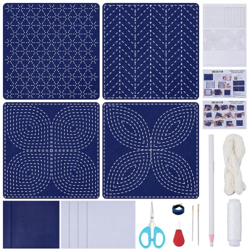 FREEBLOSS 4 Set Sashiko Schablonen Set Sashiko Untersetzer Set Mit Wasserlöslicher Vorlage Sashiko Schablonen Untersetzer Set Sashiko Set Für Stickliebhaber Geometrische Sashiko Mustervorlage von FREEBLOSS