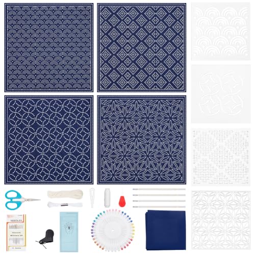 FREEBLOSS 4 Set Sashiko Teematten Set Komplettes Sashiko Zubehör Set Mit 4 Sashiko Schablonen Aus Acryl Stickset Mit Englischer Anleitung Handarbeitsset Für Erwachsene von FREEBLOSS