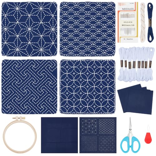 FREEBLOSS 4 Set Sashiko Untersetzer DIY Mit Anleitung Vorgedrucktes Sashiko Set Für Anfänger Sashiko Übungsprojekt Stickset Bedruckter Sashiko Stoffuntersetzer von FREEBLOSS
