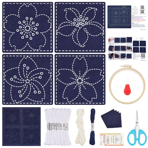 FREEBLOSS 4 Set Sashiko Untersetzer DIY Set Mit Anleitung Vorgedrucktes Sashiko Set Für Anfänger Sashiko Übungsprojekt Blumenstickerei Set Sashiko Untersetzer Aus Bedrucktem Stoff von FREEBLOSS