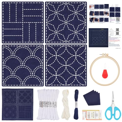 FREEBLOSS 4 Set Sashiko Untersetzer DIY Set Mit Anleitung Vorgedrucktes Sashiko Set Für Anfänger Sashiko Übungsprojekt Traditionelles Stickset Bedruckter Sashiko Stoffuntersetzer von FREEBLOSS