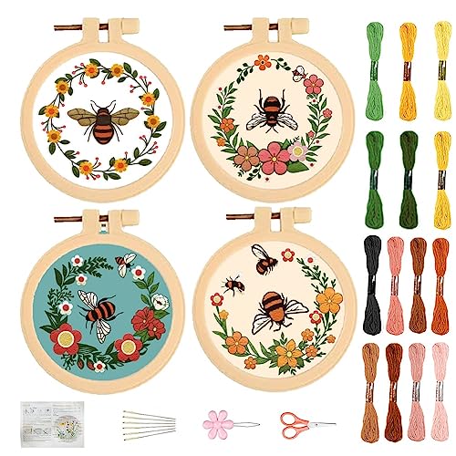 FREEBLOSS 4 Set Sticken Set Erwachsene Stickerei Starter Kit Sticken für Anfänger Bienenmotiv Kreuzstich Set Sticken Set Erwachsene Anfänger Embroidery Kit für Geschenk von FREEBLOSS
