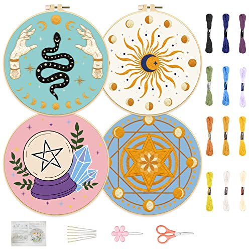 FREEBLOSS 4 Set Sticken Set Erwachsene Stickerei Starter Kit Sticken für Anfänger Kreuzstich Set Sticken Set Erwachsene Anfänger Embroidery Kit für Geschenk von FREEBLOSS