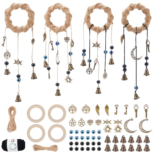 FREEBLOSS 4er Set Hexe Windspiel Hexenglöckchen mit 12 Stück Teufelsauge Witchcraft Supplies Kit mit Anleitung Witchy Home Decor für Garten Türhänger von FREEBLOSS